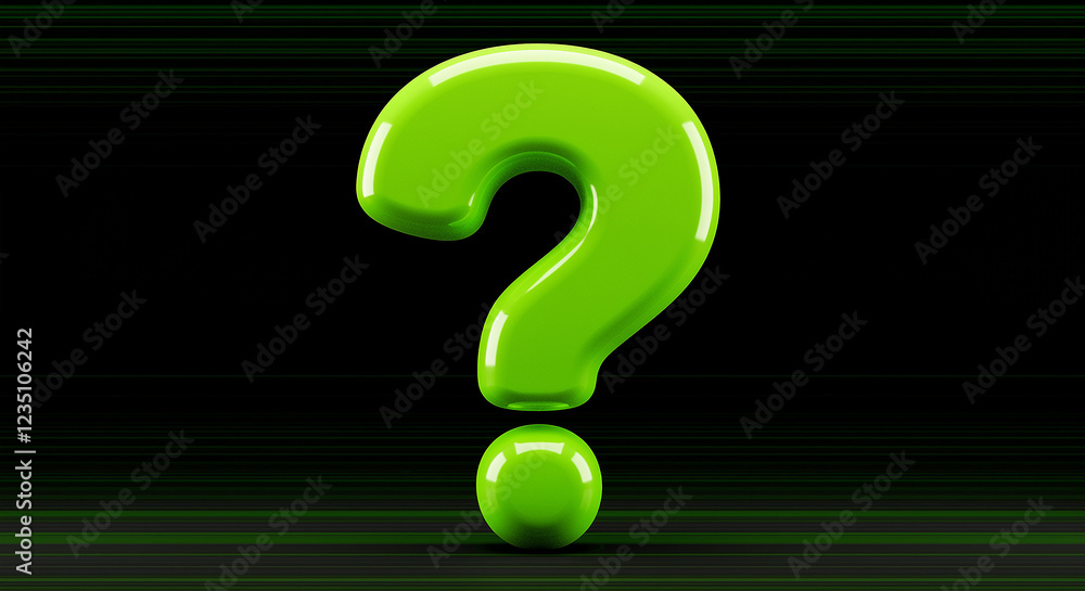 Poster green question mark graphic design on black background. glossy green question mark symbol. 3d render