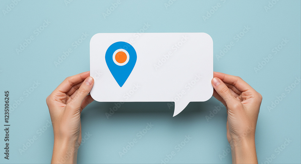 Poster hands hold speech bubble with location marker. speech bubble with location marker held by hands. loc