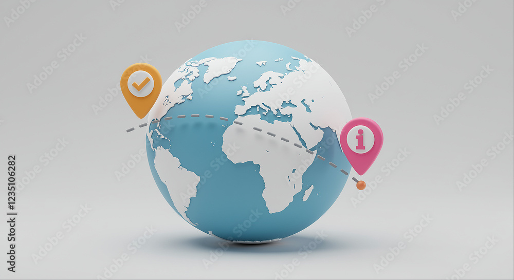 Poster Globe with global map and information pin. Global map with location pins. Globe with location markers