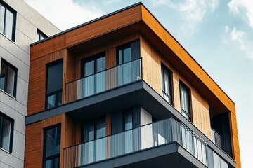 Fototapeta premium Architectural Excellence: Modern Apartment Building with Wooden Accents and Glass Balconies Under a Bright Sky, Symbolizing Contemporary Urban Living and Real Estate Development