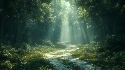 Fototapeta premium A winding path through a forest, bathed in the warm light of the setting sun.