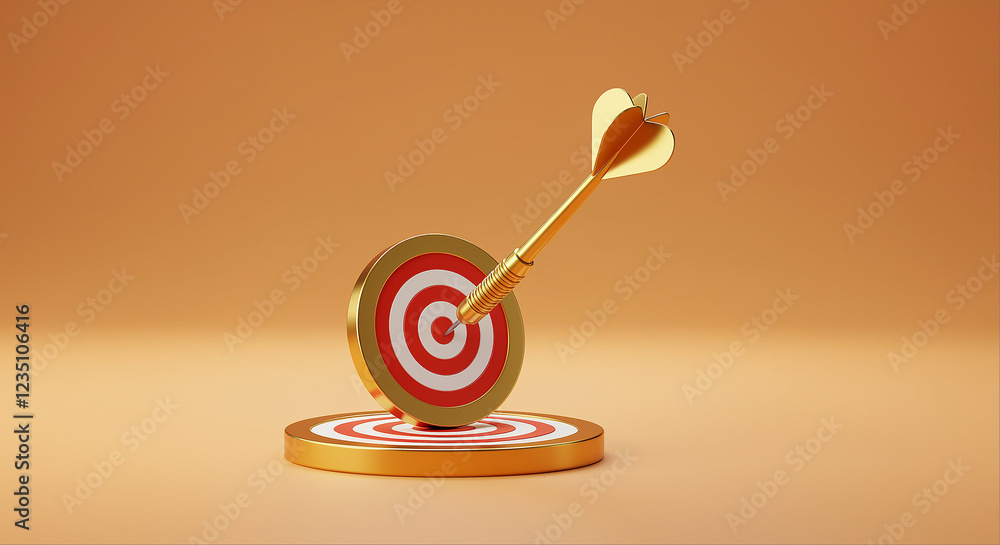 Poster golden dart hits center of target on dartboard. dartboard with golden dart in the center