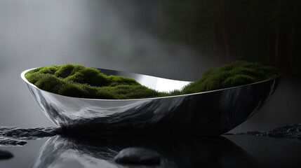 Chrome Bathtub with Moss on Gray Background