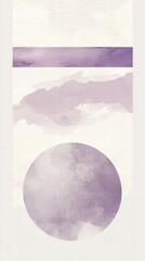 Abstract Lavender Watercolor Art:  A minimalist abstract watercolor painting featuring a circle, a rectangle, and a cloud-like shape in soft lavender hues against a muted backdrop.