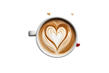 Top View Latte Art Coffee with Heart Shapes on White Background
