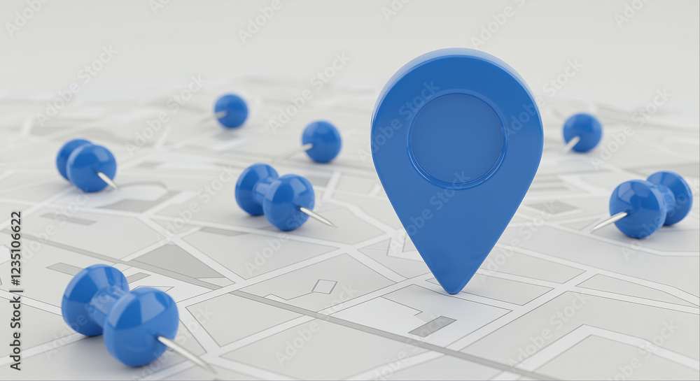 Poster blue map pin on a map. location pins and map markers on the map