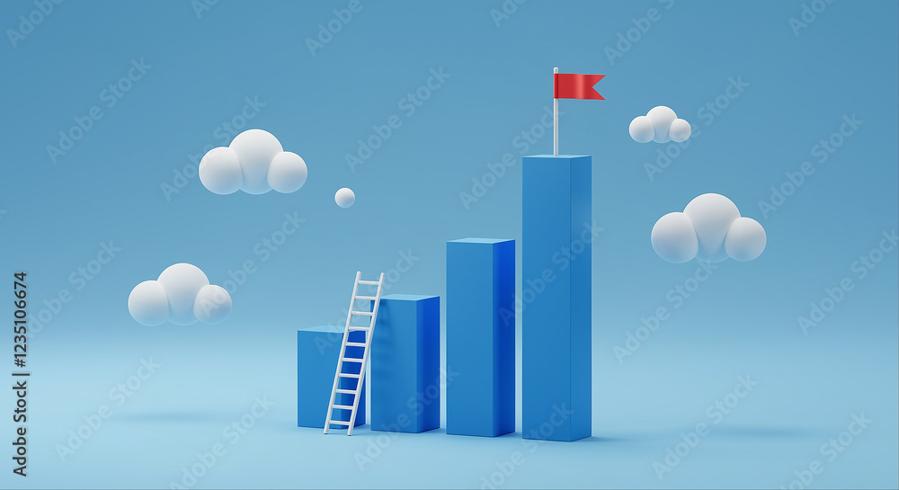 Poster bar chart with ladder and red flag on top. growth bar chart with ladder and flag. business growth co