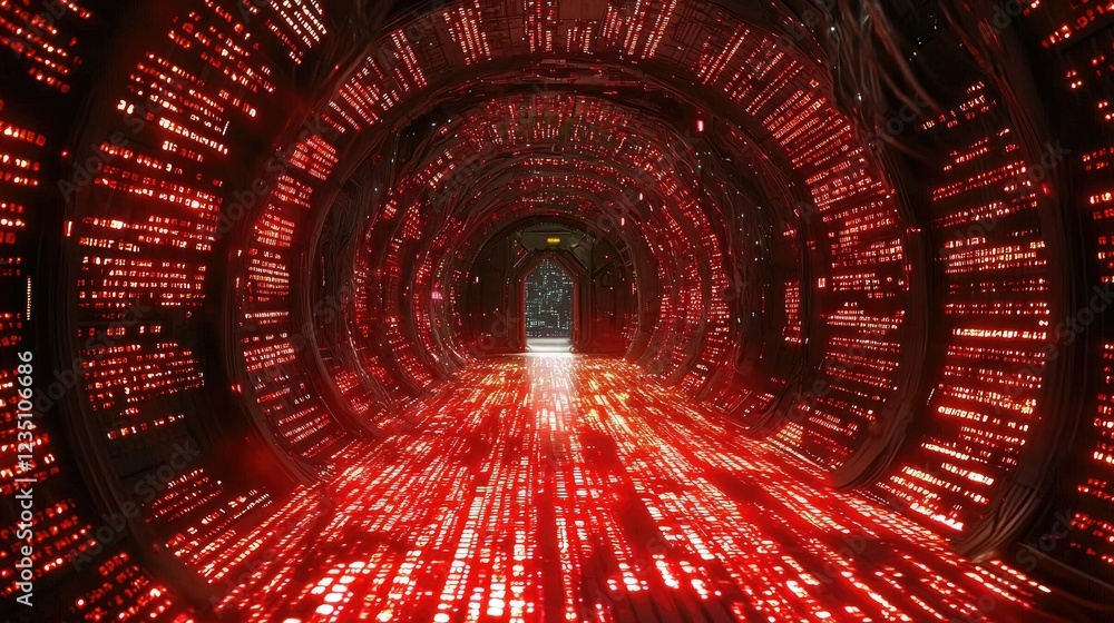 Aufkleber red illuminated corridor with digital data streaming