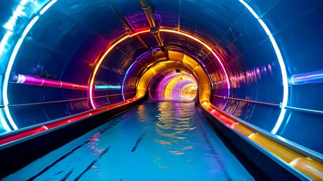 Zoom through a neon-drenched water slide, a thrilling aquatic adventure that combines speed, light, and refreshing fun.
