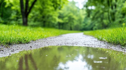 Fototapeta premium Water puddle on a gravel path in a lush green park reflects the surrounding trees after a rain shower.