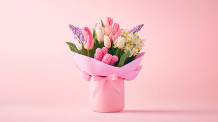 Naklejka premium An Exquisite and Vibrant Flower Arrangement Set in a Soft Pink Atmosphere for All Occasions