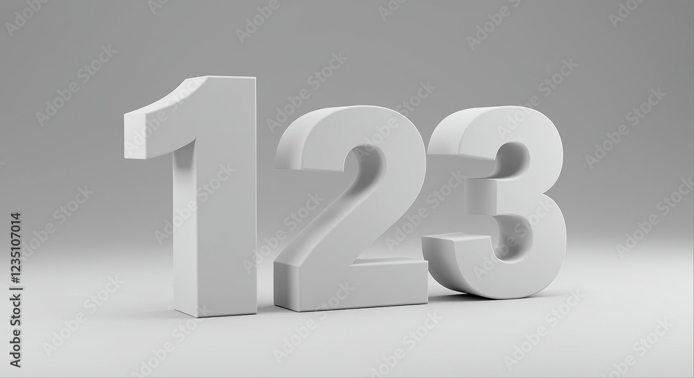 Poster three-dimensional numbers 1 2 3 in 3d graphic design. 3d numbers in white color on gray background. 