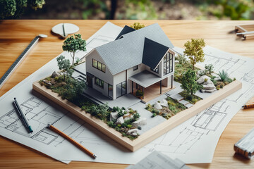 Close-up of a detailed architectural model of a modern house surrounded by plants and rocks, placed on blueprints with tools like pencils and rulers, symbolizing design and construction planning
