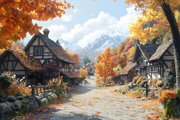 A picturesque autumn village with charming houses and vibrant foliage.