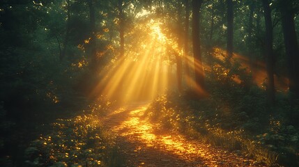 Obraz premium A winding path through a forest, bathed in the warm light of the setting sun.