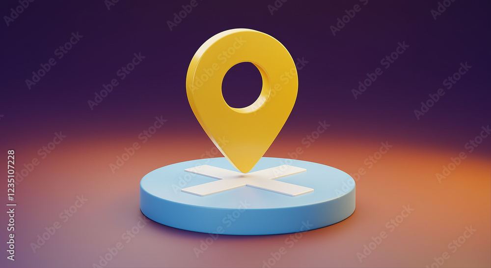 Poster yellow location marker on a blue platform with a white cross. location marker map icon on a platform