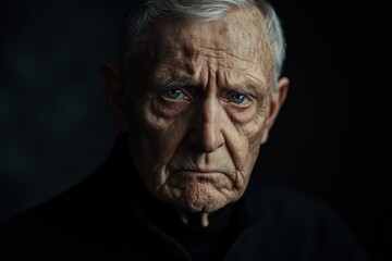 Fototapeta premium Elderly man's somber expression captured in dim light