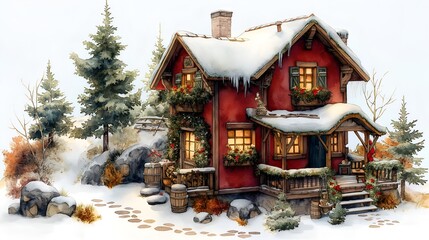 A whimsical watercolor illustration of Santa's workshop, perfect for Christmas cards, festive packaging, and children's books.
