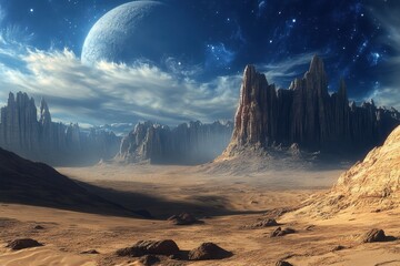 Vast alien landscape with towering rock formations under a giant planet in the sky