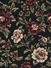 A floral patterned carpet with red and white flowers