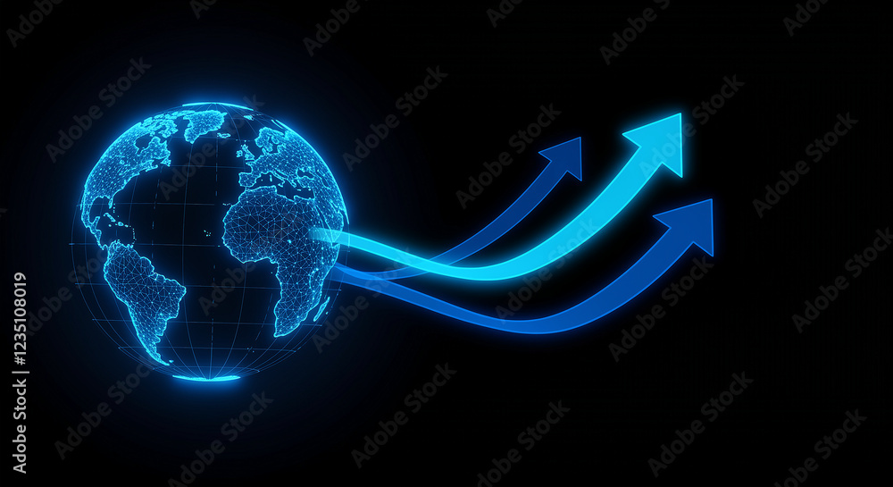 Poster digital globe with arrows pointing up. world digital globe with growth arrows. digital world globe w