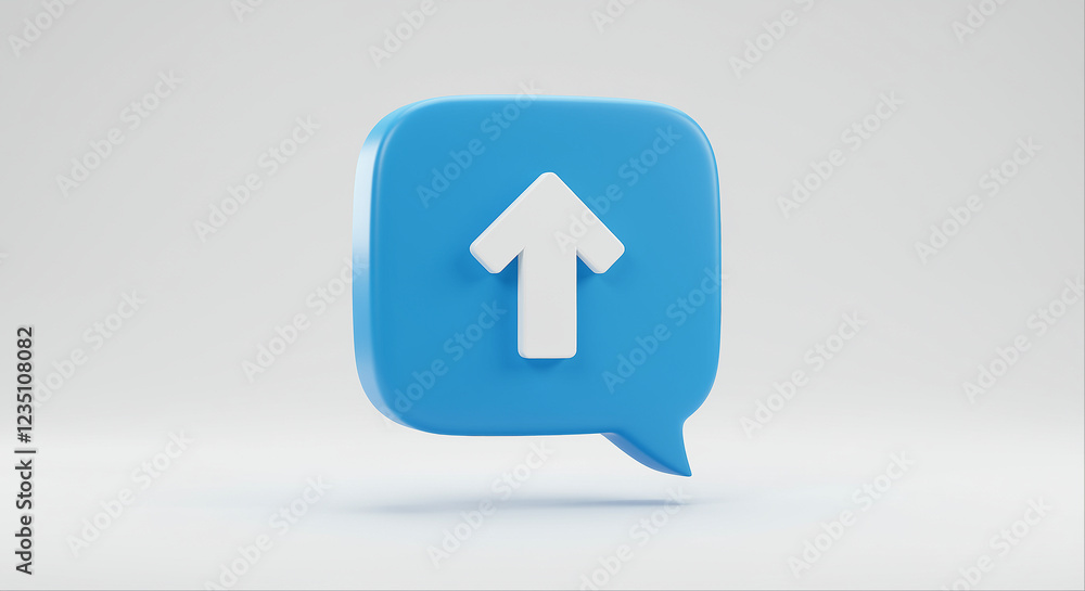 Poster blue speech bubble icon with white arrow pointing up. speech bubble graphic design with arrow