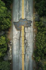 cracked, potholed old asphalt road seen from above for textures for visualization or games, generative AI