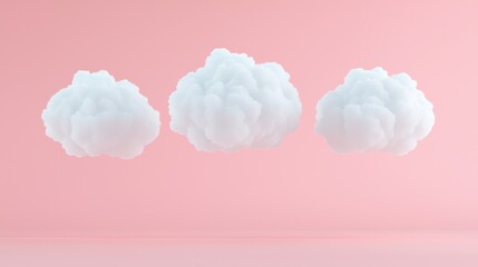 Three fluffy clouds float against a pink background, ideal for dreamy concepts
