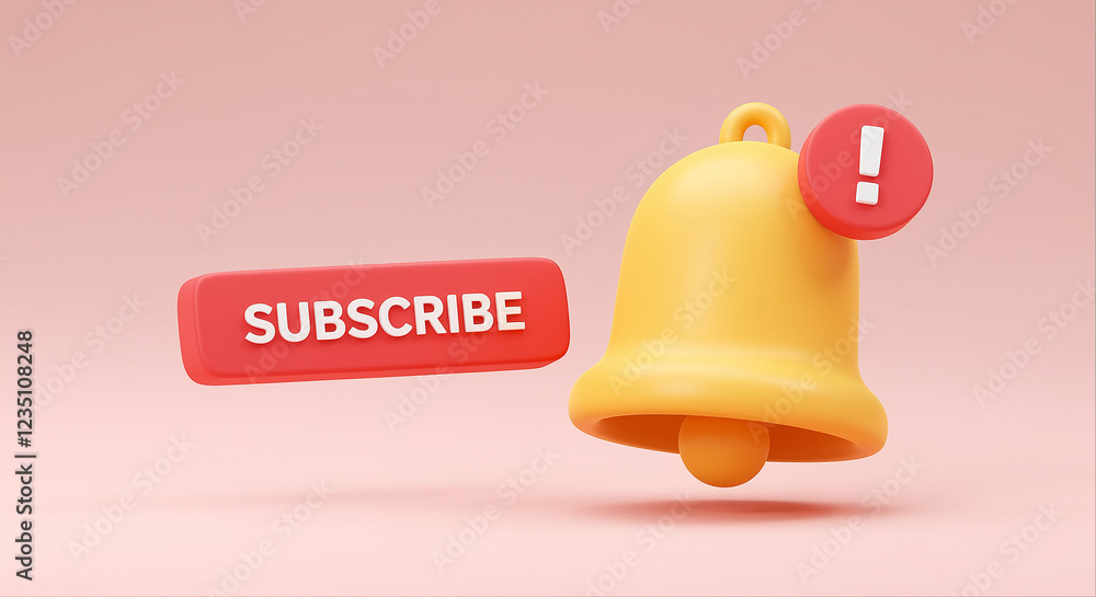 Poster notification bell with subscribe button and notification icon. 3d notification bell with subscribe b