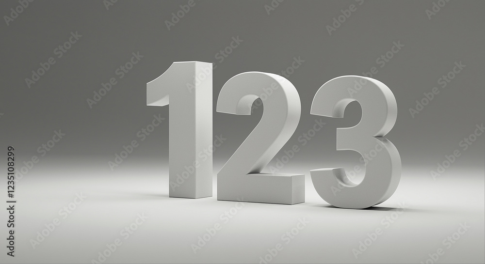 Poster white 3d numbers one two three on gray background. three dimensional numbers 1 2 3 graphic