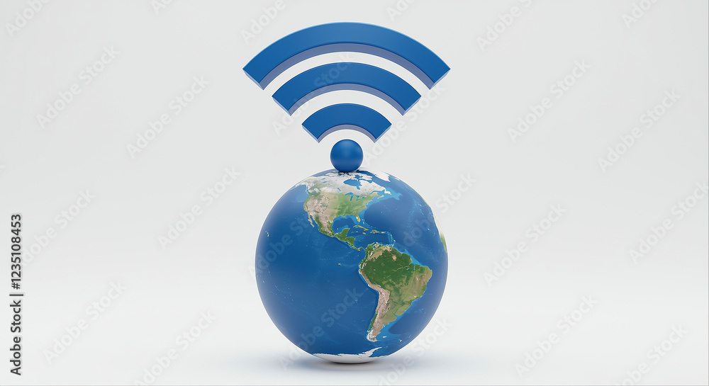 Poster globe with wi-fi symbol on white background. globe with wi-fi icon above it. globe with wi-fi signal