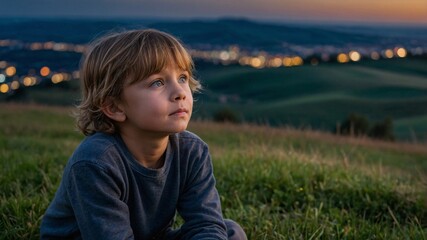 Young child gazing at the sunset over a peaceful landscape while sitting on the grass, lost in thought and curiosity, with distant city lights beginning to twinkle