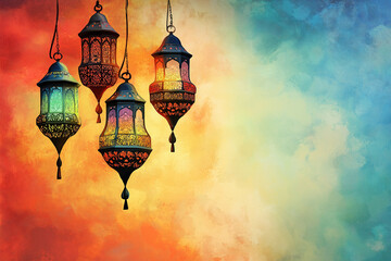 Obraz premium postcard with beautiful arabic colorful lamps for Ramadan. Ramadan kareem, Ramadan Mubarak, Happy Ramadan, generative AI