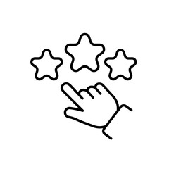 This is a minimalist line icon that depicts a hand actively selecting a star rating. It is ideal for use in various applications related to feedback, reviews, and assessment processes