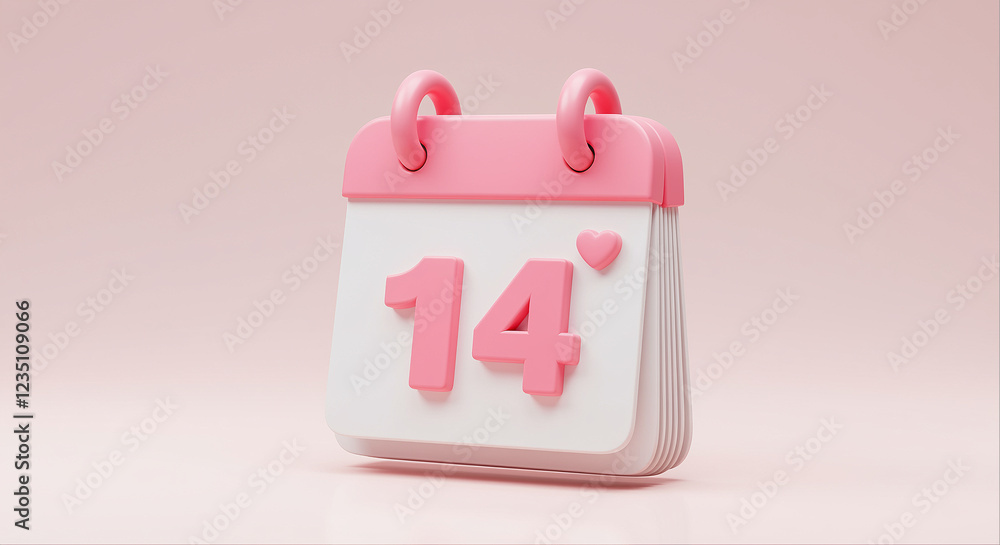 Poster pink calendar with number 14 and heart on a pink background. 3d rendering of a calendar with a heart