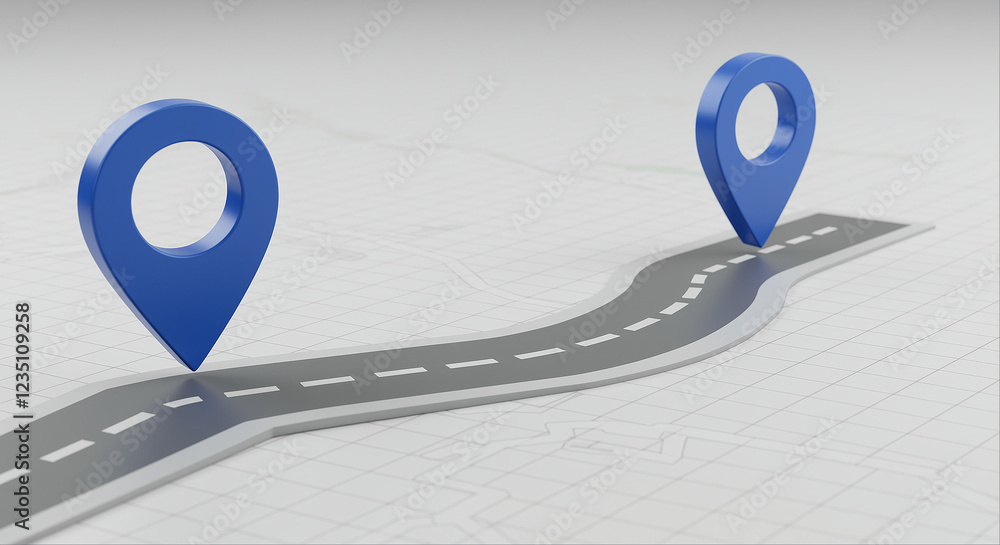 Poster blue location markers on a map with a road. two blue location markers are placed on a map with a roa