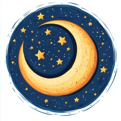 Naklejka premium Bright Crescent Moon and Twinkling Stars Create a Serene Night Sky in a Colorful Illustration Ideal for Bedtime Themes