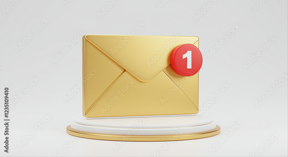 Poster golden envelope with email notification on a stand. email notification with number one on golden env