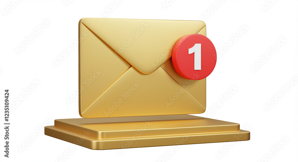 Poster email notification with red circle and number one on golden envelope. email notification on golden s