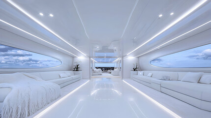Obraz premium Luxurious white interior of a modern yacht salon with large windows overlooking the ocean during daytime.