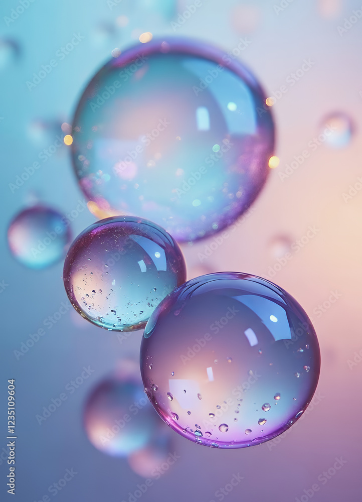 Poster colorful bubbles with a glossy surface, reflecting light and displaying a gradient of colors includi