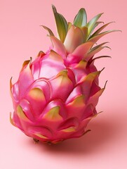 A vibrant dragon fruit sits against a soft pink background, highlighting its unique texture and striking color, This image can be used for food blogs, health articles, or tropical-themed content,
