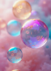 Colorful bubbles with a glossy surface, reflecting light and displaying a gradient of colors including purple, blue, and gold. The background is softly blurred, enhancing the focus on the bubbles