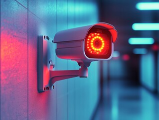 Security Camera With Red Light Illuminating a Dark Hallway in a Modern Building at Night