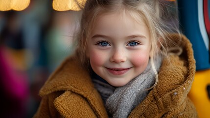 Young Girl Smiles Warmly in Winter Coat at a Festive Fair With Bright Lights in the Background During Evening Hours