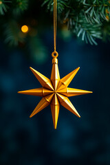 A gold star ornament hanging from a christmas tree
