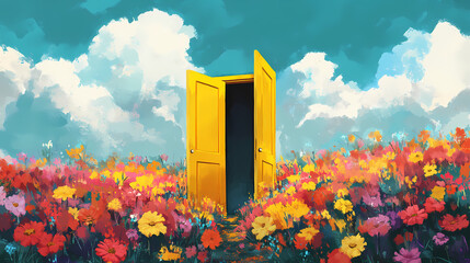 An open yellow door in the center of a colorful flower field, inviting viewers into a dreamy landscape. minimalist surrealism with bold color contrasts. Dreamy Surrealism. Illustration