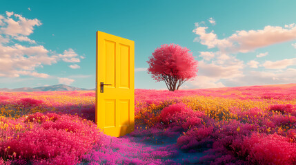 An open yellow door in the center of a colorful flower field, inviting viewers into a dreamy landscape. minimalist surrealism with bold color contrasts. Dreamy Surrealism. Illustration