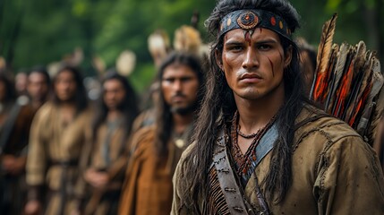 Fototapeta premium Portrait of a Native Warrior in Traditional Attire Amid a Gathering in a Lush Forest During a Tribal Ceremony