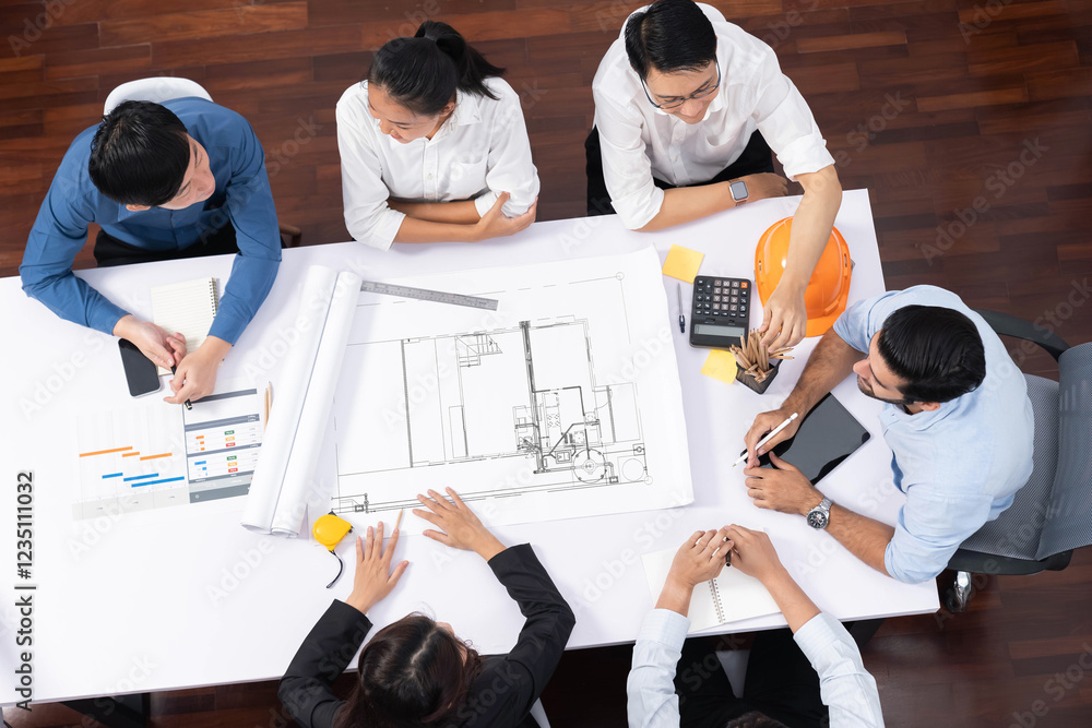 Poster Top view banner of diverse group of civil engineer and client working together on architectural project, reviewing construction plan and building blueprint at meeting table. Prudent